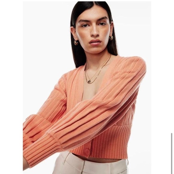 Aritzia Wilfred Plunge Front Cardigan Size Large Peach V-Neck Merino Wool Blend - Picture 3 of 14